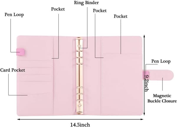 A5 PU Læder Ringbind, Genopfyldelig 6 Rund Ringbind Omslag, Business Notesbog Ringbind Notesblok og Møde Notesbog, (Pink)