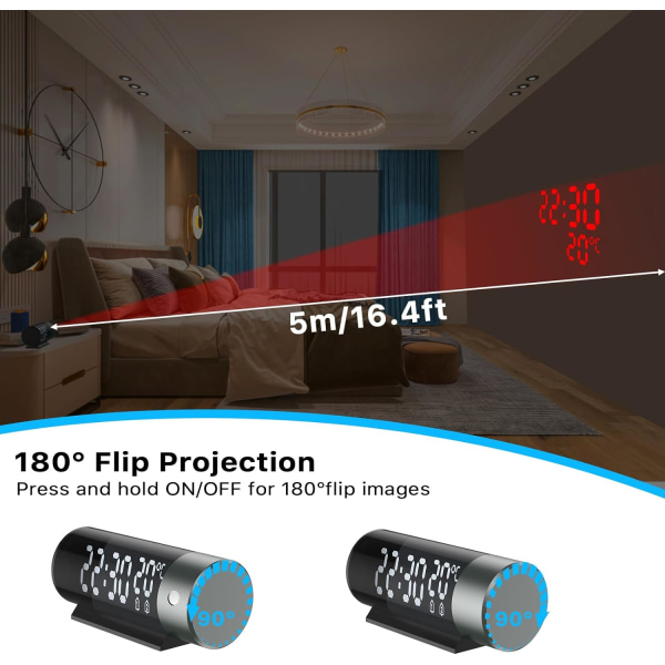 Projektionsväckarklocka, digital klocka med 180° roterbar projektor, projektionsväckarklocka med takprojektion, dubbel väckarklocka, 12/24 timmar