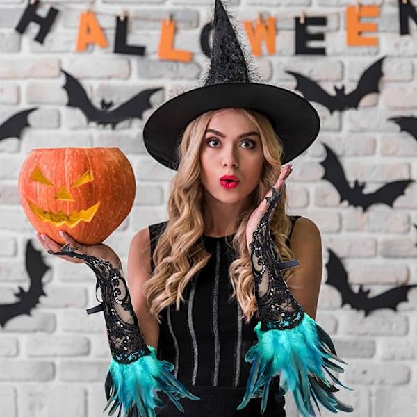 Fjerblonder Handsker, Vintage Blonder Handsker, Blonder Handsker, Velegnet til Aftensfester, Karneval, Halloween, Galla, Cosplay, Fest Lake blue