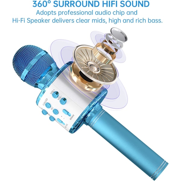 Karaoke-mikrofon til børn, trådløs Bluetooth-karaoke-mikrofon med LED-lys, bærbar håndholdt mikrofonhøjttalergave