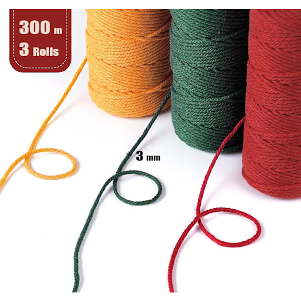 3 Rullar Macrame-snöre 3mmx100m, DIY-Snöre i Bomull för Väggbonader, Växtupphängningar, Hantverk, Stickning, Dekorativa Projekt Dark green+orange+red