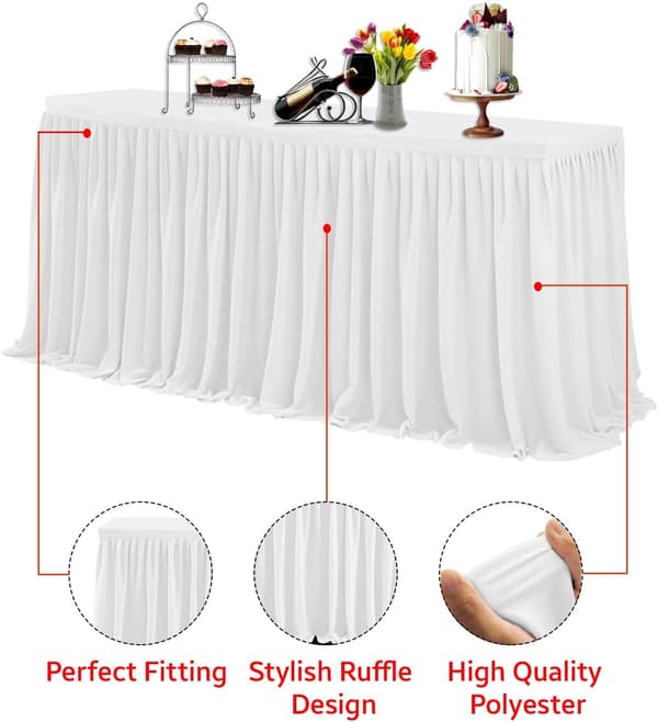 1 × Bordkjole, 4,2 meter plissert rektangulær polyester hvit borddekorasjon servise, fest, bryllup, bursdag, babyshower, arrangementer