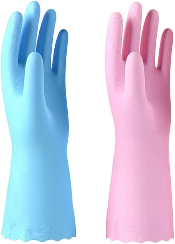 2-pack återanvändbara rengöringshandskar latexfria, diskhandskar med bomullsfoder och präglad handflata