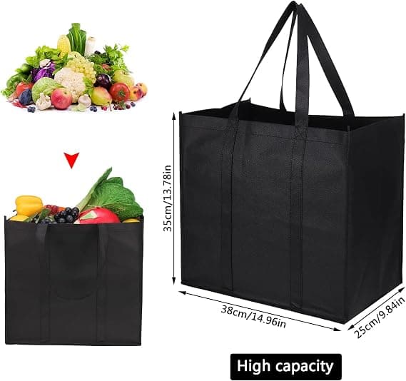 2-pack svarta shoppingväskor, återanvändbara matkassar, vikbara, tvättbara, lätta shoppingväskor för vardagsbruk