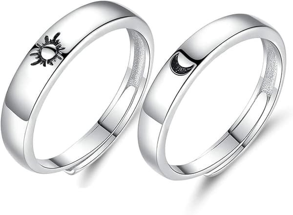 1 Par Justerbara Parringar Sterling Silver Rund Graverad Måne Sol Förlovningsringar Silver