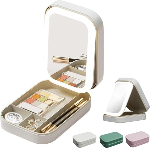 Integreret makeup-opbevaringsboks med lysfyldt spejl, 3 farvetilstande makeup-taske, LED-komplementærlys, foldbart etui (hvid)