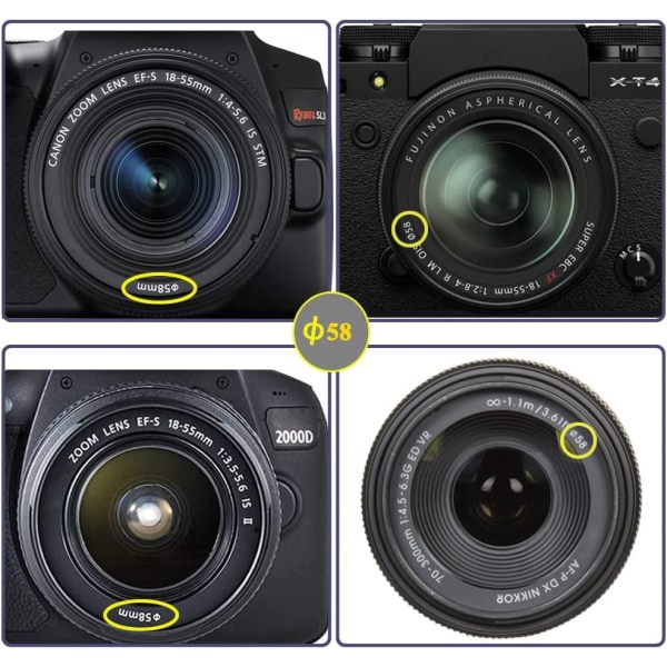 [2-pack] 58 mm Snap-on cap för Canon EOS 2000D (Rebel T7) med EF-S 18-55 mm f/3.5-5.6, EF-S 55-250 mm f/4-5.6 objektiv
