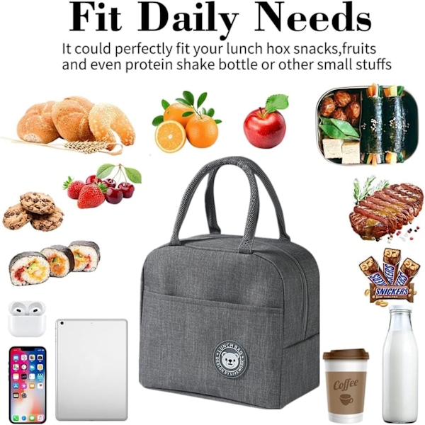 Frokosttaske, sød pap-isoleret madkasse, genanvendelige frokosttasker, vandtæt frokosttaske, foldbar frokosttaske til kvinder, mænd, børn og studerende Gray