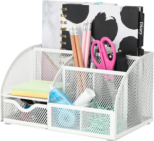 Skrivebordsorganisator/Net Skrivebords Caddy/Blyantholder Multifunktionel med 7 Rum - Hvid