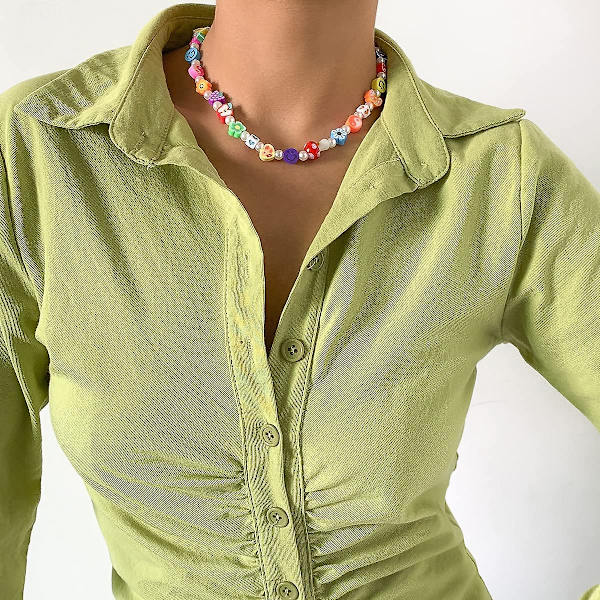Boho Smiley Lagdelt Perlekæde med Strand Armbånd, Smiley Ansigt Blomster Hjerte Form Perler Perle Stackabl(Tilfældig Stil)