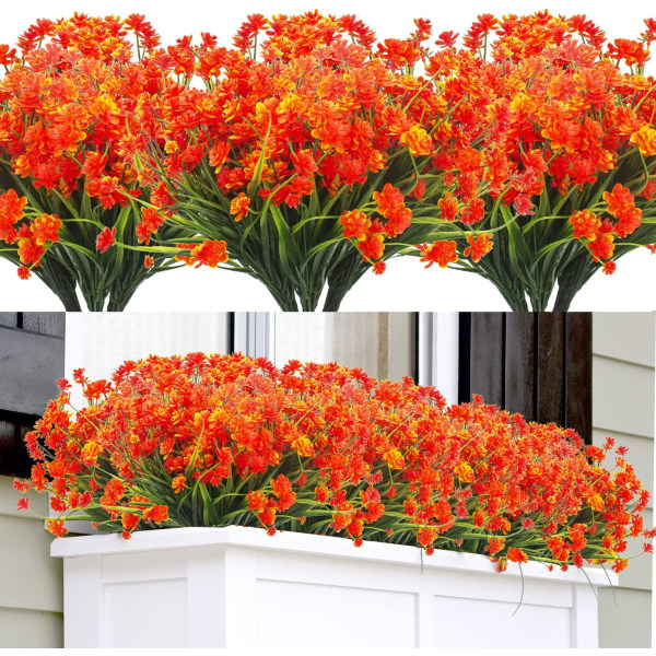 Kunstige falske blomster, 12 bundter udendørs UV-bestandige grønt buske planter indendørs udendørs hængende planter hjem haveindretning Orange