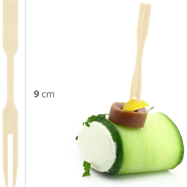 80 Bambusgafler, Miljøvenlige Toforks Tandpirkere, 9cm Madspyd, Forretter og Canape Spyd, Til Spisning, BBQ, Sandwiches, Fester, Snacks