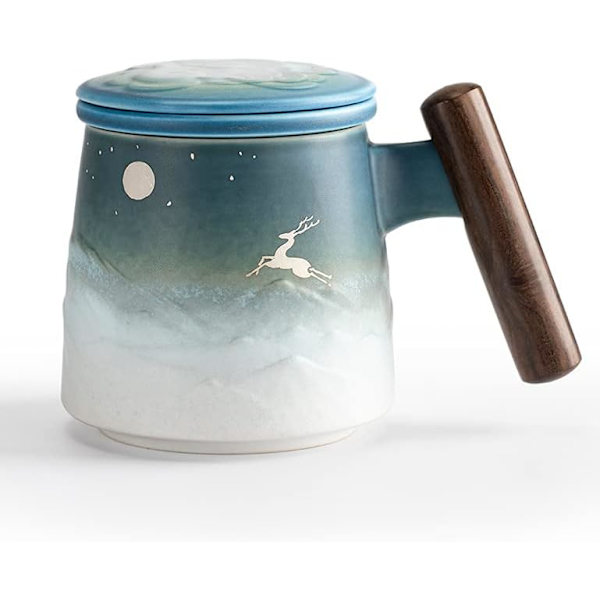Månehjort Keramisk Tekopp med Te-infuser og Lokk Kaffe-krus med Sil og Tretthåndtak 14.5 OZ (Svart og Blå)