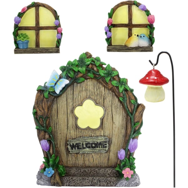 Fe Dør, Fe Dør og Vinduer til Træer, Mørke Fe Have Tilbehør med Lanterne, Resin Fe Hus, Udendørs Miniature Træ Kunst til Have Plæne