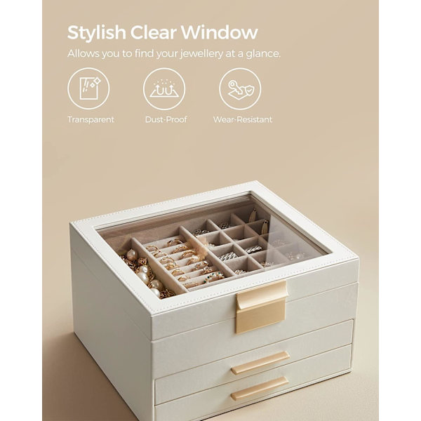 Smykkeboks, 3-etasjes smykkeboks, smykkeetui, glasslokk, med 2 skuffer, stor kapasitet, moderne stil, gaveidé White