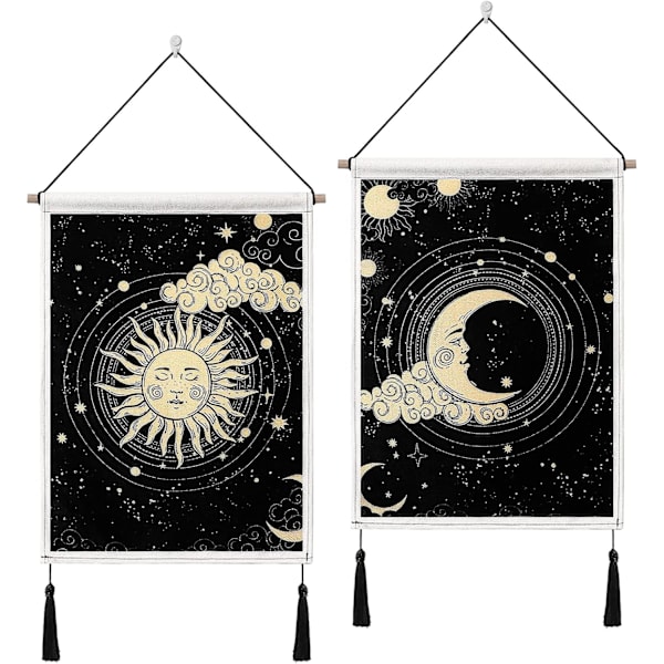 2-pack Måne och Sol Väggbonader med Tofsar Tarot Banner Svart Väggbonad Bohemisk Stjärna Moln Väggdekor för Sovrum Vardagsrum