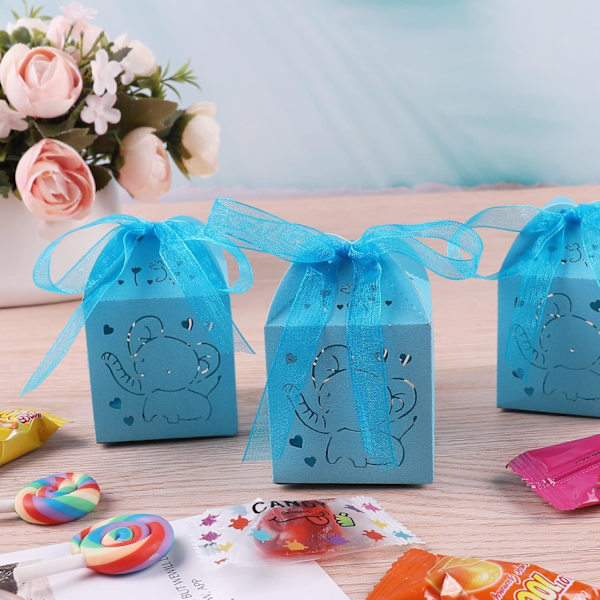 50 stk. Papirgaveæsker, Babyshower Slikæsker, Festgaver til Babyshower Fødselsdag Dåb Børn Nyfødt, Ideel som Gaveæske med Bånd