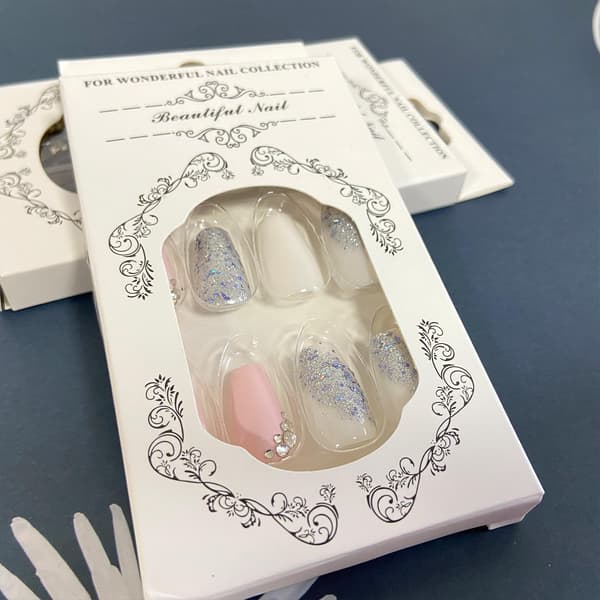 Silver Glitter Press on Nails Medium Square Fake Nails with Rhinestones Design Glossy Pink White Artificial False Nails