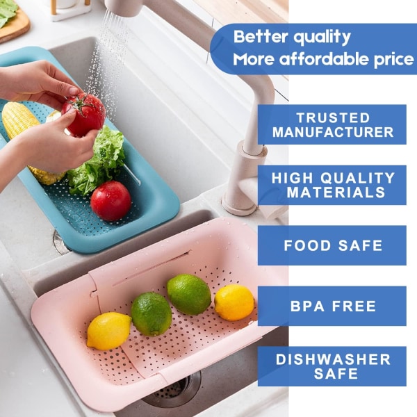Hopfällbar durkslag kök utdragbar sil frukt grönsaker pasta mat avloppskorg avlopp över diskho (grå)