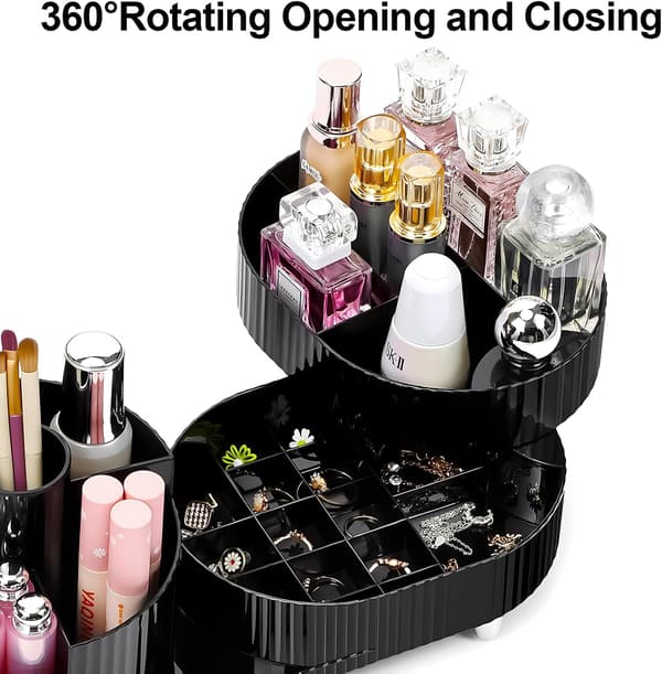 Makeup Organizer, 360° Roterende Makeup Organizer med 3-lags Rum, Perfekt til Kommode, Badeværelse, Soveværelse (Sort, To lag)