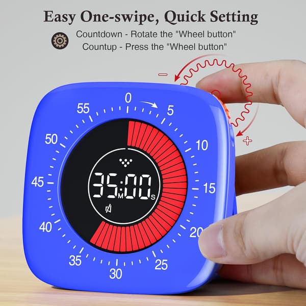 Visuell Timer Oppladbar, med 4 Alarmmoduser, Forbedret 60 Minutters Tidsmåling & Nedtellingstimer, for Barn Matlaging Kontor (Blå)