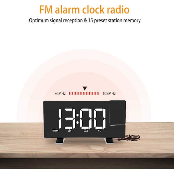 Projektionsvækkeur LED-skærm 4 justerbar lysstyrke Digitalt radiovækkeur med USB-telefonoplader Vækkeur med 2 alarm snooze-funktion Grøn White