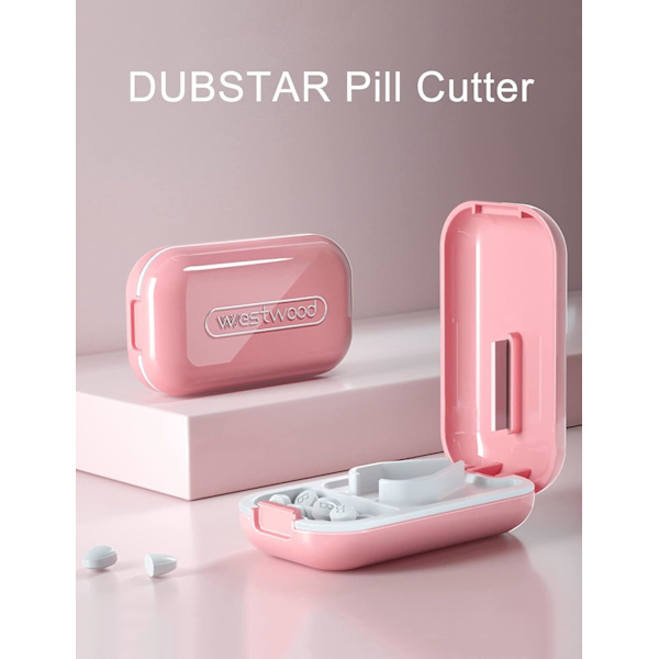 Liten pillerklippare, pillerdelare pillerklippare för små eller stora piller, skär vitaminer tabletter, bärbar vacker tablettklippare för handväska ficka, rosa