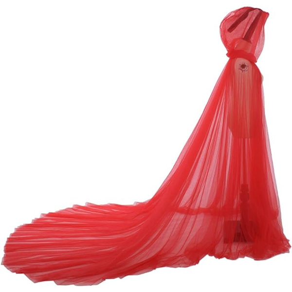 Tulle Kappe Bryllupsfrakke med Hætte Lang Jakke Brude Wraps Cape Red