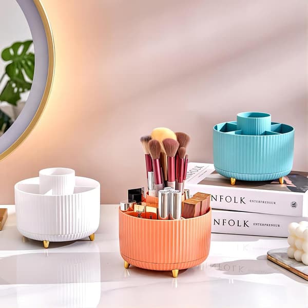 Makeupbørsteholder med stor kapacitet, 360° roterende makeup-organisator, 5 rum til makeupbørster, til badeværelse, kosmetikdisplay (blå)