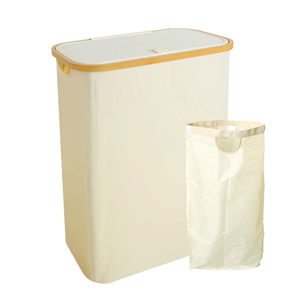 Laundry Basket with Lid 48-Litre Large with Laundry Bag Collapsible Laundry Baskets with Handles Bamboo Laundry Bin Beige