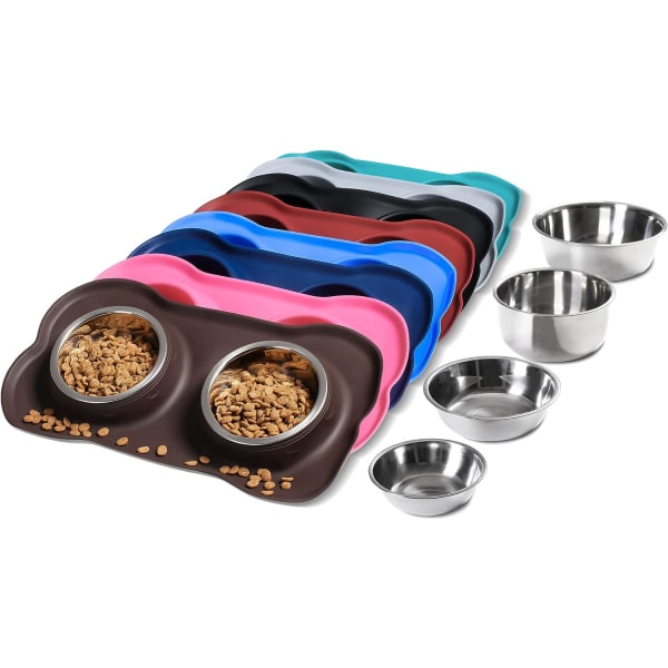 Hundeskåle i rustfrit stål med skridsikker silikone måtte til fodring af små og mellemstore hunde, katte og hvalpe