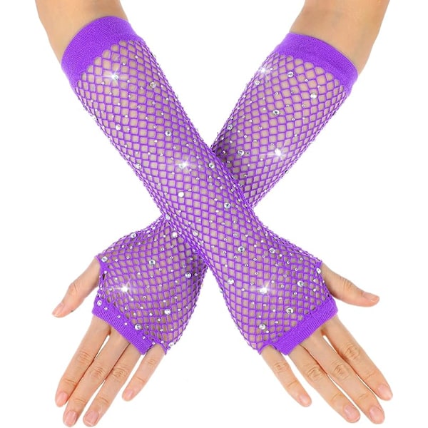 Long Rhinestone Fishnet Fingerless Gloves Sparkly Glitter Fishnet Gloves for 80s Party Costume