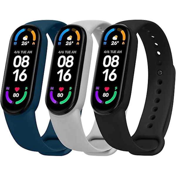 Remstropp kompatibel med Xiaomi Mi Band 4/Mi Band 3, 3 stk silikon justerbar sportsrem svart + grå + midnattsblå