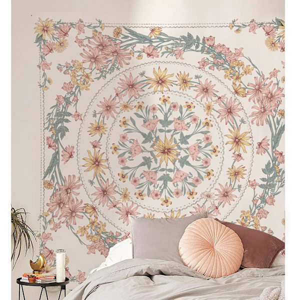 Mandala Kukka-aiheinen Verho, Piirretty Kukka Kasvi Boho Seinävaate, Boheemi Hippi Verhot