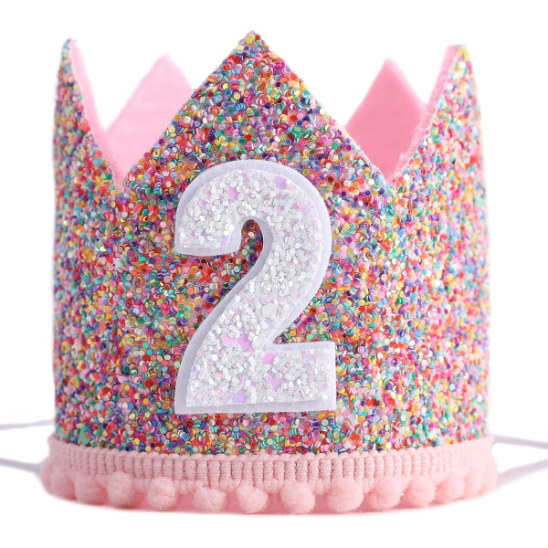 Rainbow Crown for 2nd Birthday Party- Glitter Birthday Crown, Birthday Hats for Kids, Baby's Birthday Photo Props, Crown