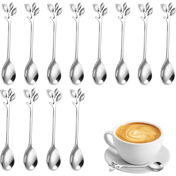 12 stk. Rustfrit Stål Blad Kaffe Skeer, Mini Gren Design Kaffe Ske, Dessert Ske, Teske Sæt, til Vand, Mælk, Kaffe, Dessert, Drikkevarer Silver