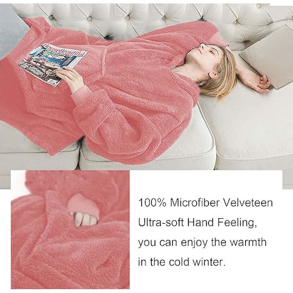 Hettegenser-teppe, Oversized Sherpa-hettegenser, Bærbar hettegenser-genser-teppe, Supermyk varm komfortabel teppe-hettegenser, One Size Fits All Adults Pink