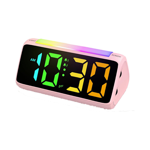 Hög ljudalarmklocka för hörselskadade, med RGB LED-display, dubbelalarm, 8 dimmer, 3 volymer, för tunga sovande barn tonåringar äldre (rosa)