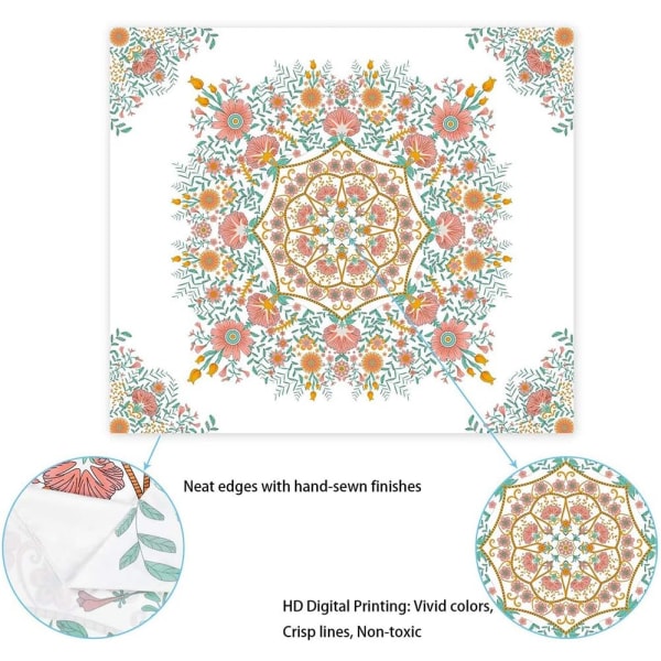Mandala Blommönster Gobeläng Väggbonad - Bohemian Hippie Vit Gobeläng Skissad Blommig Tryck Gobelänger