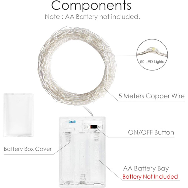 Kolpop Fe-ljus Batteri Inomhus [4-pack], 5m 50 LED Silvertråd Batteridrivna Mikrosträngljus (Kall vit) [Energiklass A+++]