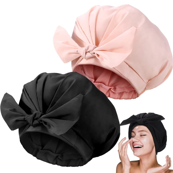 2 Pieces Shower Caps Adjustable Bow-knot Bath Hair Caps Reusable Waterproof Turban Shower Hat Bath Cap