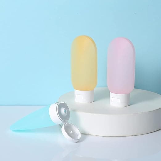 3-pack reseflaskor, 60 ml reseflaskor och behållare, resefyllbara klämflaskor med väska (blå/gul/rosa)