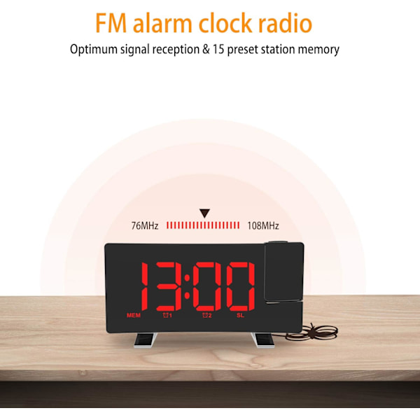 Projektionsvækkeur LED-skærm 4 justerbar lysstyrke Digitalt radiovækkeur med USB-telefonoplader Vækkeur med 2 alarm snooze-funktion Grøn red