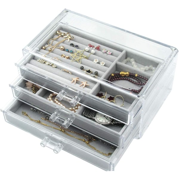 Akryl smyckeskrin 3 lådor, sammet smycken förvaringsbox, örhängen Ringar Halsband Armband Display Box Presenter för damer, flickor.
