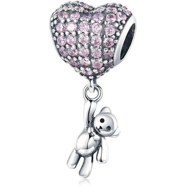 DIY perlebånds bjørneballontilbehør indlagt med hjerteformede zirkoner og diamanter S925 sterling sølvperler