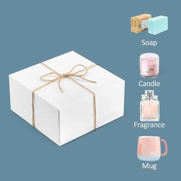 Premium presentförpackningar 10-pack 8 x 8 x 4 bruna presentförpackningar med 20 meter hamparep för julklappar