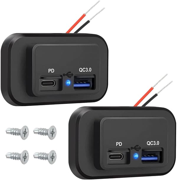 RV USB-uttak, QC3.0 USB A & USB C-porter Ladekontaktpanel, med LED-lys for 12V/24V bilbåt, 2 stk