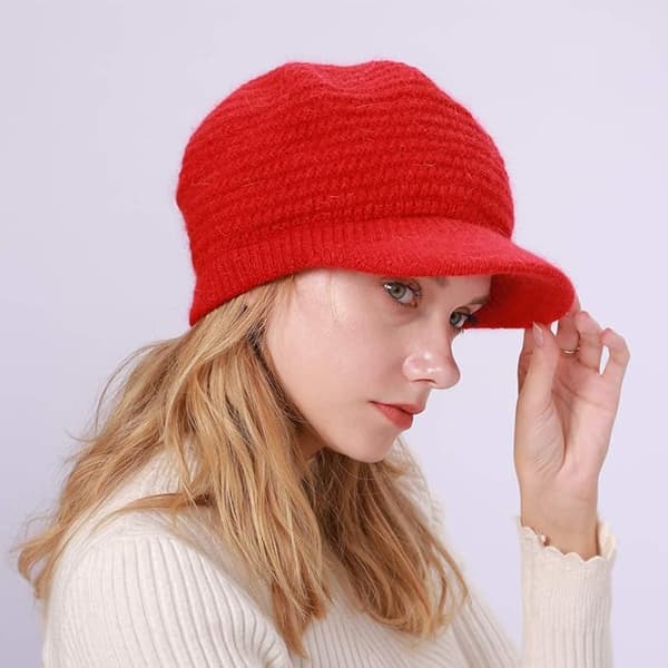 Kvinners vinterstrikkede luer, caps, ullbereter Light red