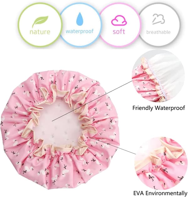 Vandtæt plastik dobbeltlags badehætte til kvinder, med elastikbånd, genanvendelig badehætte til hår, egnet (Pink fugl)