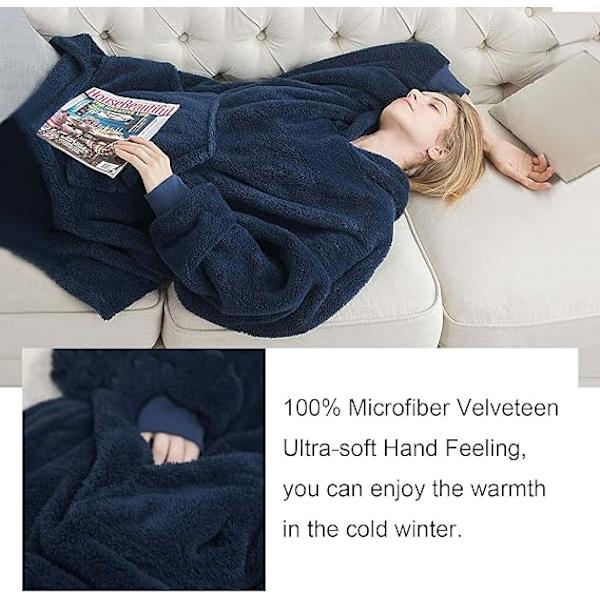 Hettegenser-teppe, Oversized Sherpa-hettegenser, Bærbar hettegenser-genser-teppe, Supermyk varm komfortabel teppe-hettegenser, One Size Fits All Adults Dark Blue